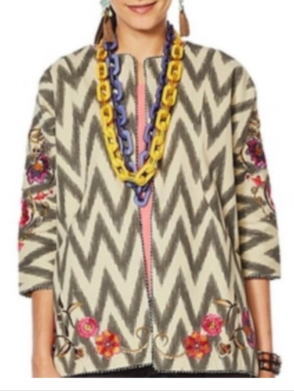 Rara Avis Iris Apfel Ikat Chevron Floral Embroidered Open Front Jacket Med Green
